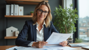 Femme d'affaires en bureau examinant des documents immobiliers