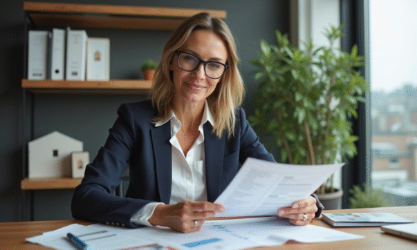 Femme d'affaires en bureau examinant des documents immobiliers