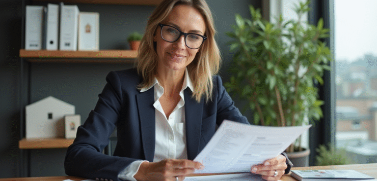 Femme d'affaires en bureau examinant des documents immobiliers