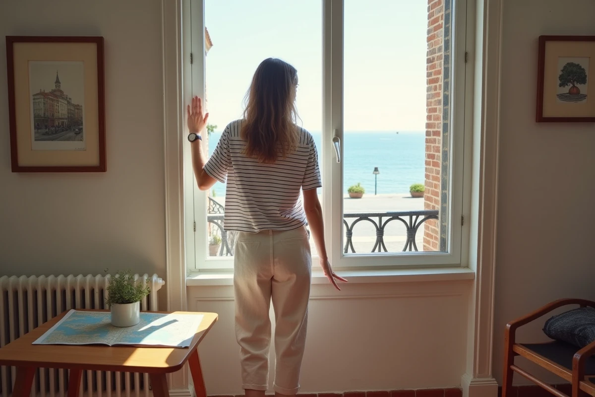 Femme dans un appartement en location à Barcelone avec vue sur la plage depuis la fenêtre