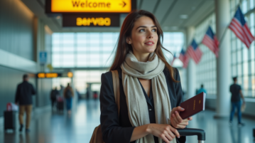 Jeune femme avec valise devant panneau d'arrivée à l'aéroport