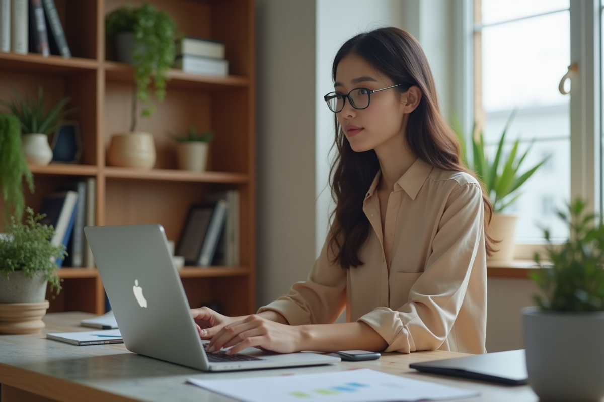 Femme au bureau à domicile tapant sur un ordinateur portable