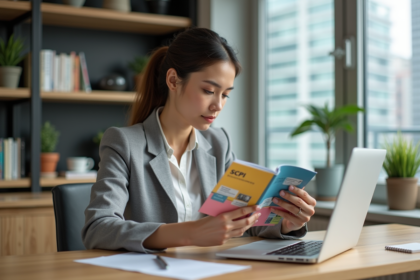 Jeune femme au bureau étudie brochure SCPI