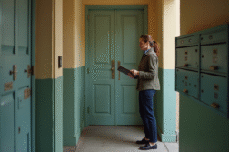 Femme avec un clipboard devant une porte d'appartement