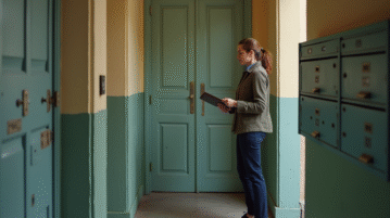 Femme avec un clipboard devant une porte d'appartement