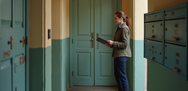 Femme avec un clipboard devant une porte d'appartement