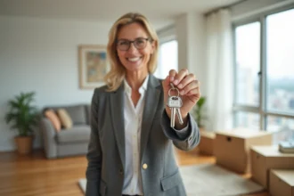 Femme souriante tenant des clés d appartement dans un intérieur lumineux