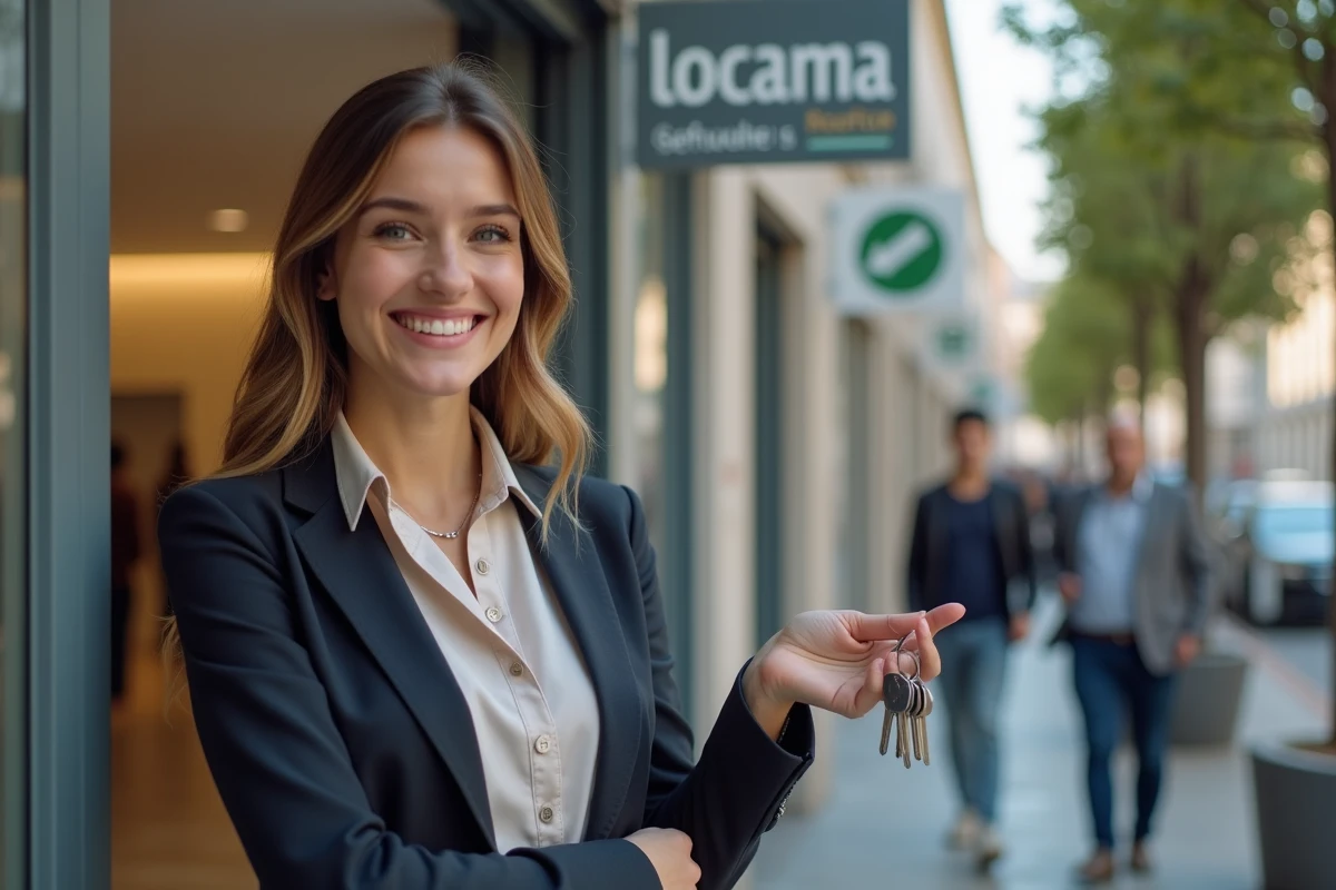 Jeune femme souriante avec clés devant le studio immobilier