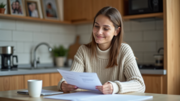 Jeune femme souriante vérifiant un contrat d'assurance maison