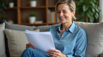 Femme d'âge moyen examinant des documents d'assurance dans son salon