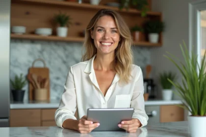 Femme souriante dans une cuisine moderne et lumineuse