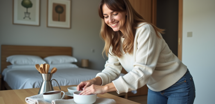 Femme souriante arrangeant des ustensiles de cuisine dans un appartement moderne
