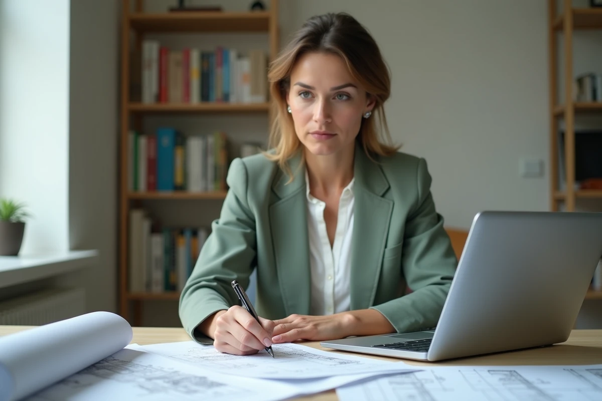 Femme remplissant une déclaration préalable de travaux en ligne depuis son bureau