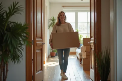 Femme souriante portant une boîte dans un appartement moderne