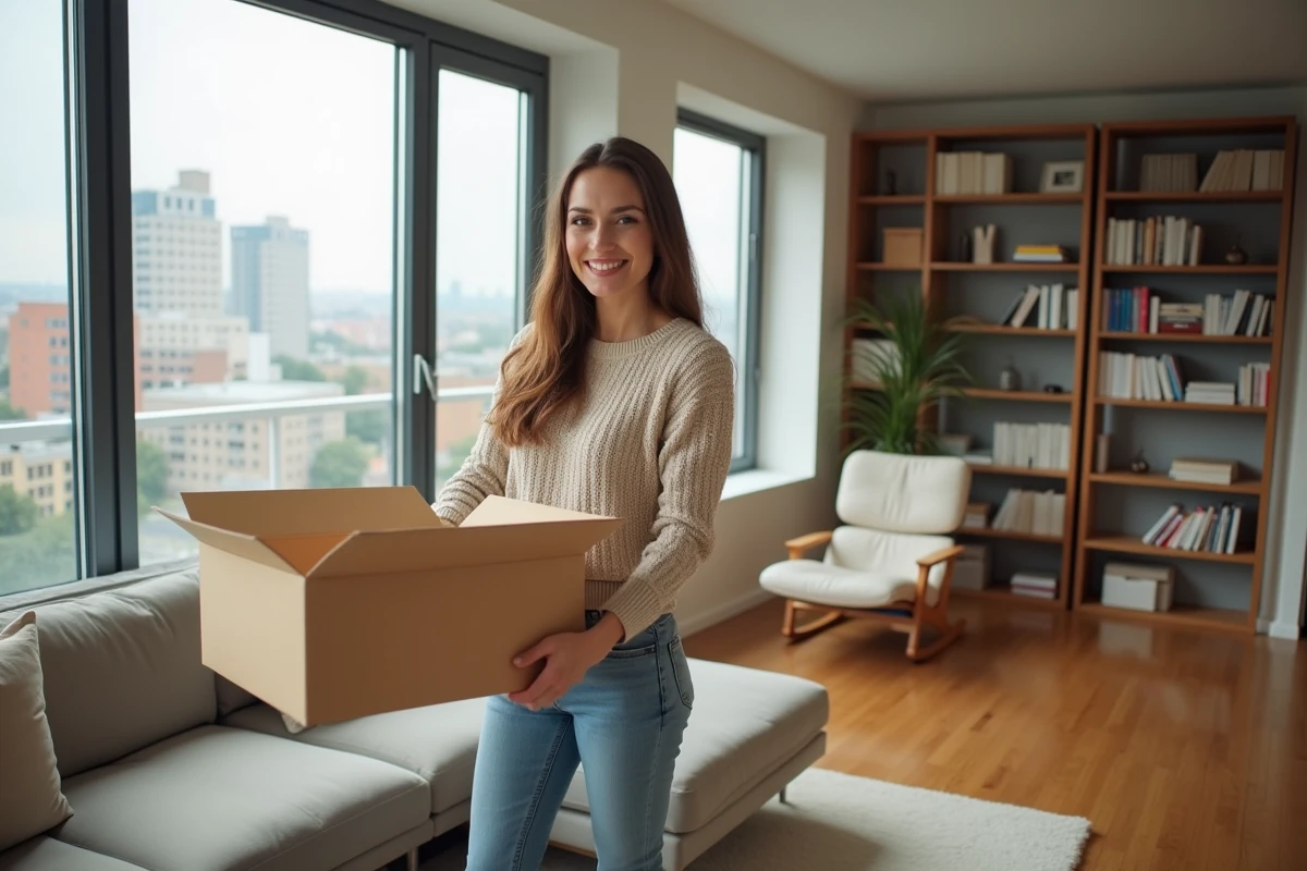 Femme souriante déballant des cartons dans un appartement lumineux