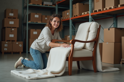 Femme emballant une chaise en bois dans un espace de stockage