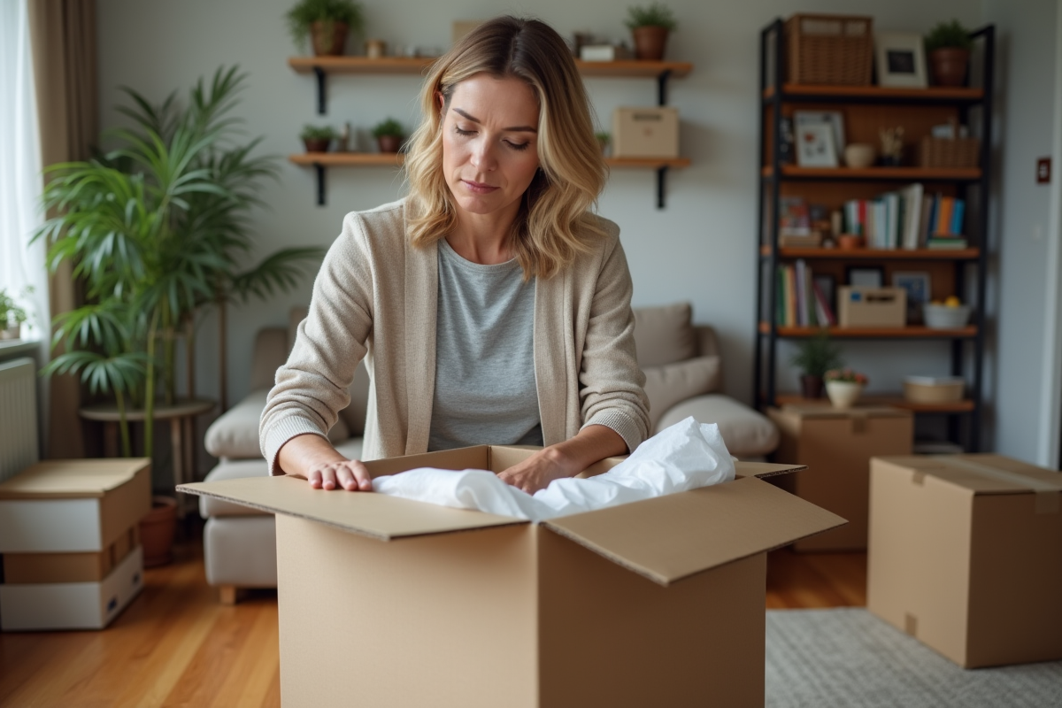 Femme emballant des objets dans une pièce moderne et organisée