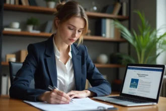 Femme entrepreneur consultant des documents d'inscription LMNP sur son bureau à domicile