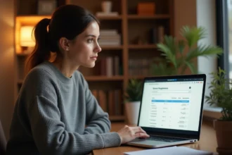 Femme consultant les paramètres de notifications de son espace client Foncia sur un ordinateur portable à domicile