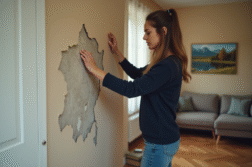 Femme regarde un mur humide dans son salon