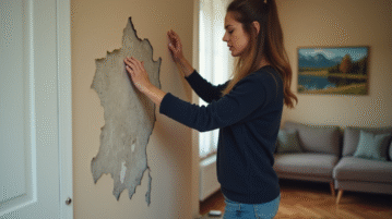 Femme regarde un mur humide dans son salon