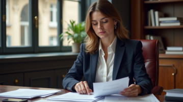 Femme d'affaires française examine des documents financiers dans un bureau parisien