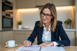 Femme d'âge moyen remplissant un formulaire logement à la maison