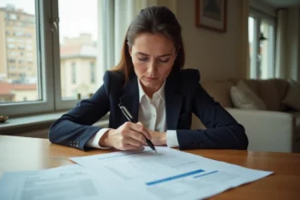 Femme en gestion de documents immobiliers dans un appartement lumineux