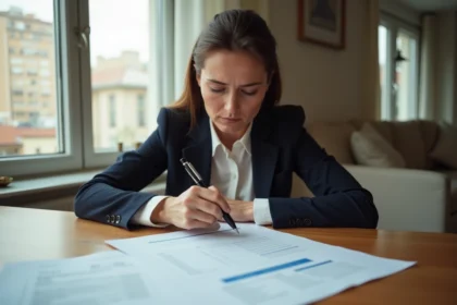 Femme en gestion de documents immobiliers dans un appartement lumineux