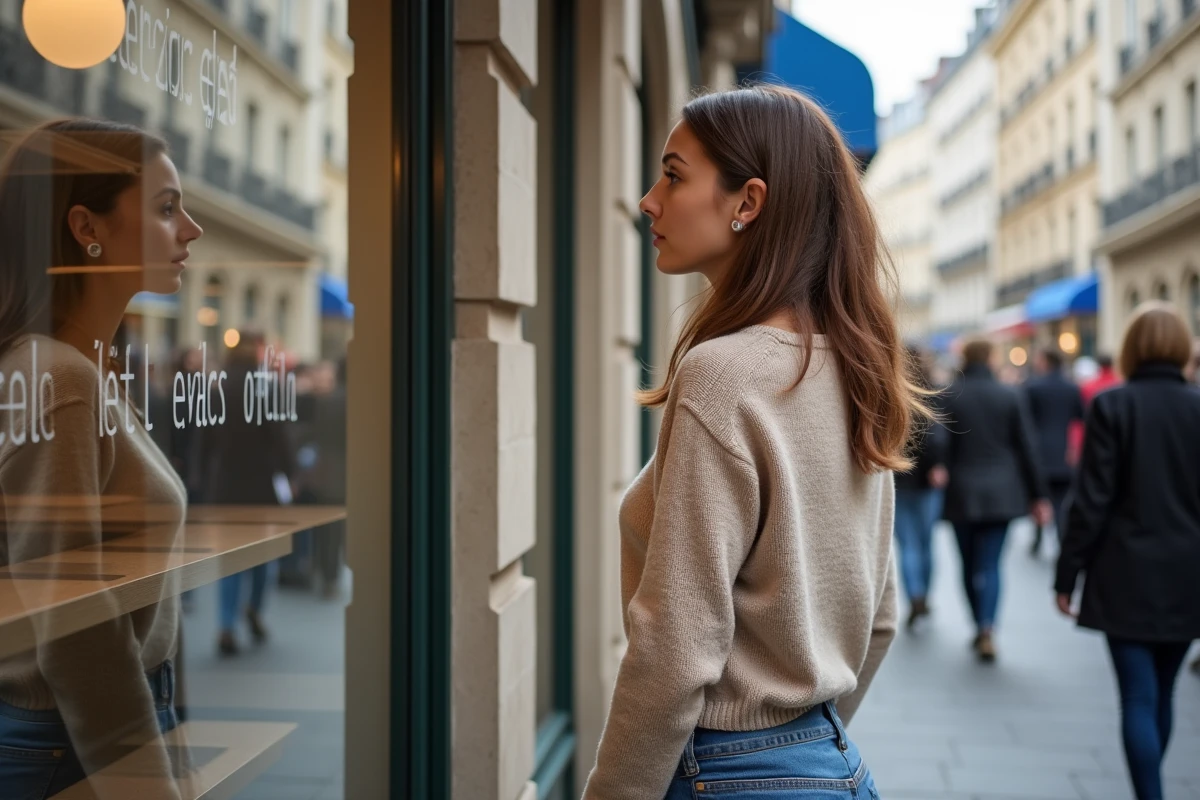 Jeune femme regardant une vitrine immobilière à Paris