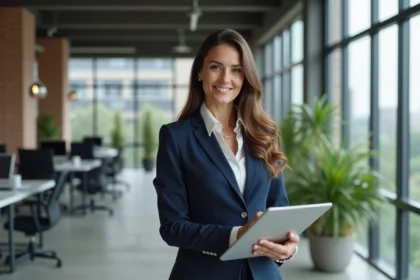 Femme d affaires en costume navy dans un bureau moderne