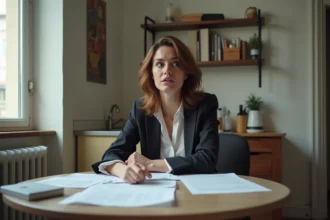 Femme inquiète assise à la cuisine avec factures de loyer