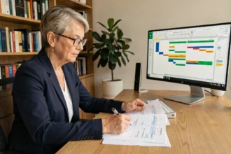 Femme investisseuse analysant un simulateur viager sur tableur Excel dans un bureau à domicile