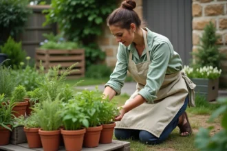 Femme entretenant un potager de plantes aromatiques dans le jardin d'une petite maison de location éco-responsable