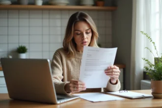 Femme lisant une lettre d'avis favorable de la commission d'attribution de logement social dans sa cuisine