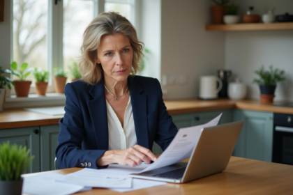 Femme d'âge moyen lisant des papiers dans une cuisine moderne