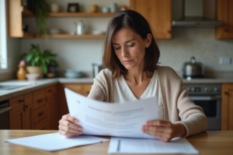 Femme lisant des documents de pret immobilier dans la cuisine