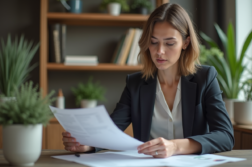 Femme professionnelle au bureau examinant des documents hypothécaires