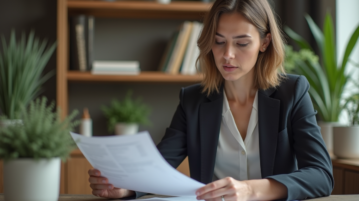 Femme professionnelle au bureau examinant des documents hypothécaires