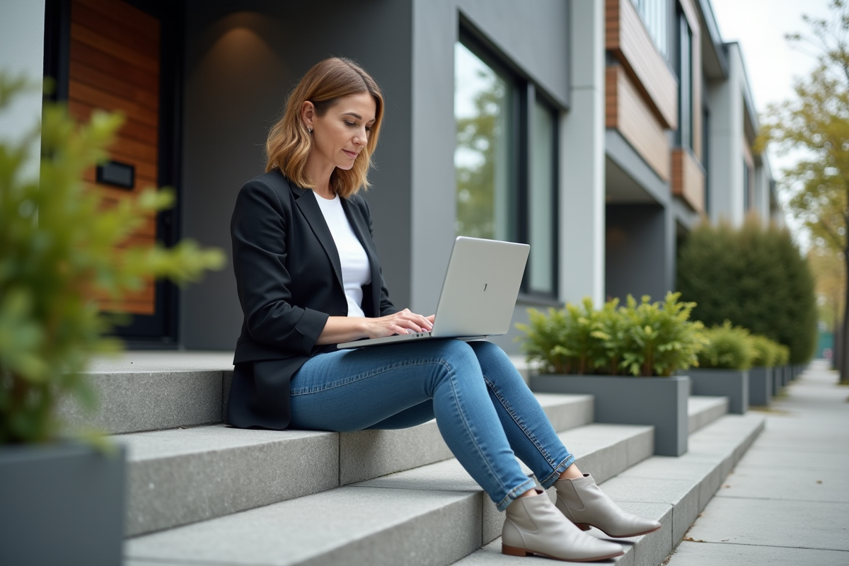 Femme travaillant sur son ordinateur devant une façade urbaine moderne