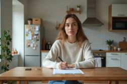 Femme remplissant papiers de changement d'adresse dans une cuisine lumineuse