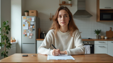 Femme remplissant papiers de changement d'adresse dans une cuisine lumineuse
