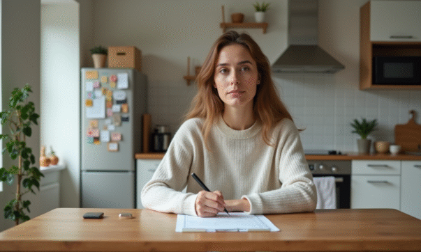 Femme remplissant papiers de changement d'adresse dans une cuisine lumineuse