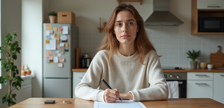 Femme remplissant papiers de changement d'adresse dans une cuisine lumineuse