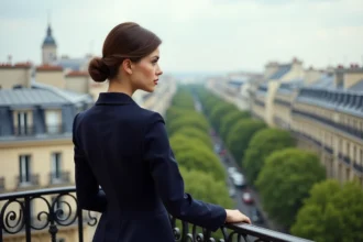 Femme élégante sur balcon parisien avec vue sur la ville