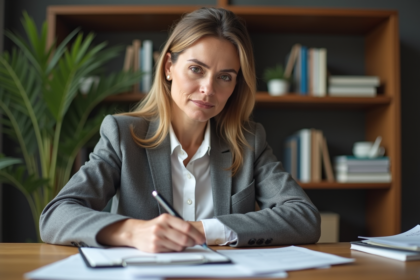 Femme d affaires examinant des documents de prêt immobilier