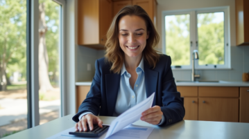 Femme en blazer bleu examine des documents immobiliers