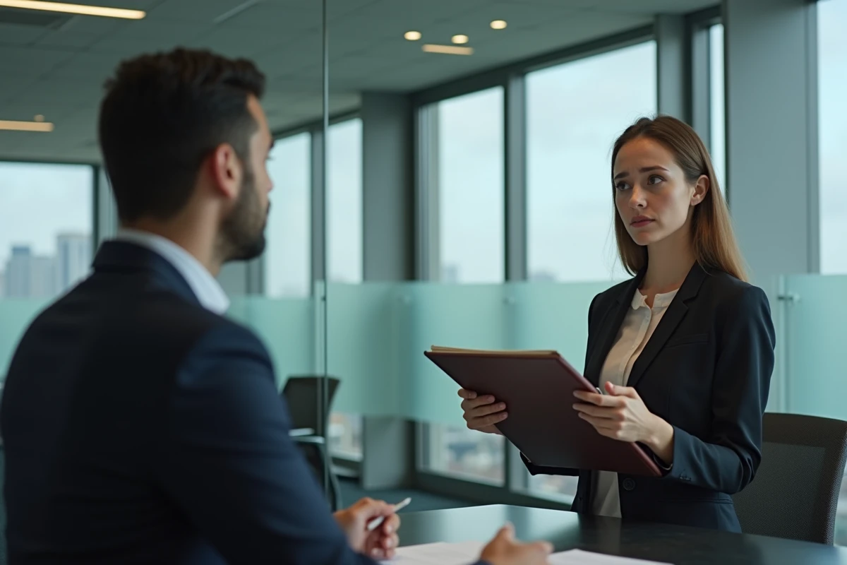 Jeune femme professionnelle préoccupée avec un dossier dans un bureau moderne