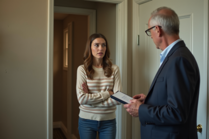 Jeune femme devant une porte d'appartement en discussion avec un gestionnaire