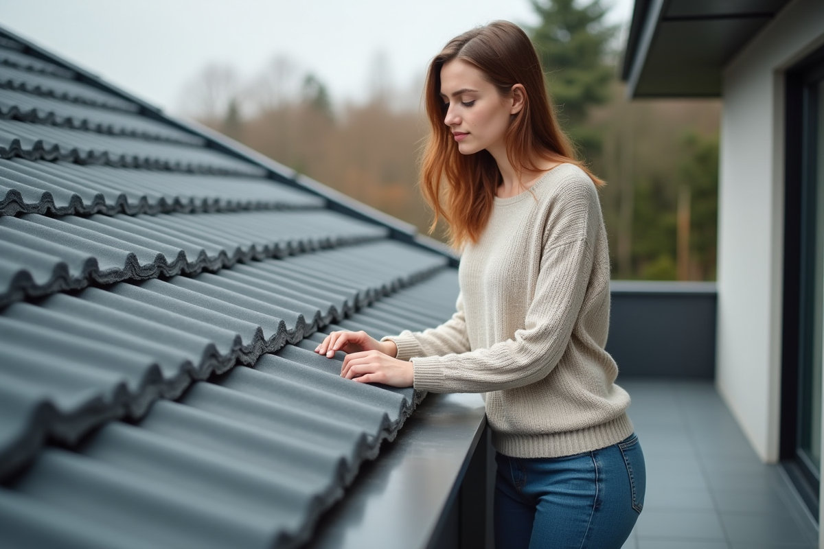 Jeune femme regardant son toit en tuiles grises depuis le balcon